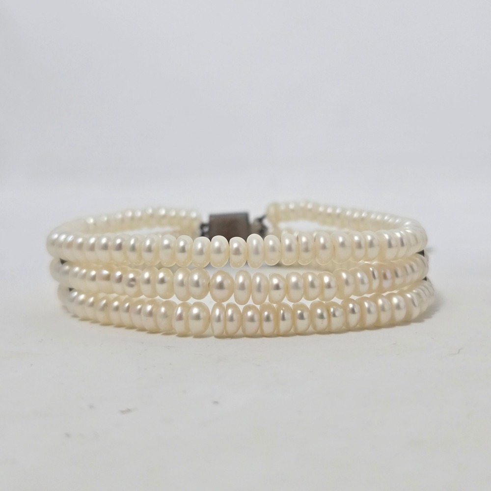 Sterling Silver 3 Strand Pearl Bracelet with Diamond Filigree Clasp 7.5" NWT